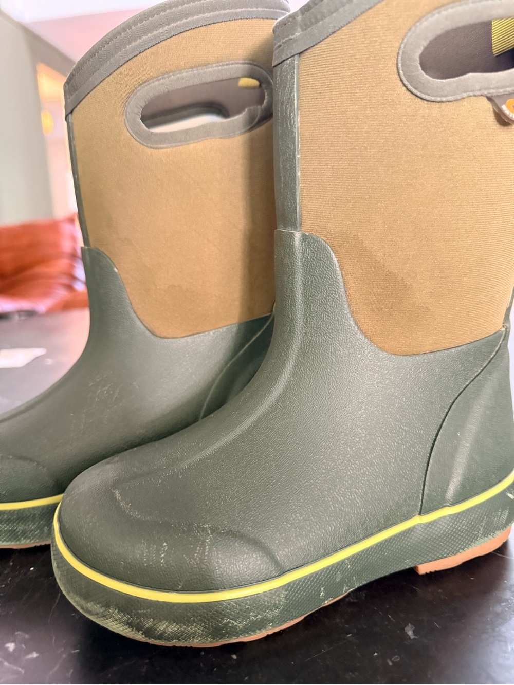 Bogs Kids Olive Green, Tan & Yellow Pull-Tab Rain Boots - Picture 9 of 10